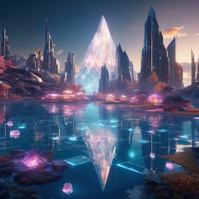 A futuristic crystal lake, with transparent floating crystal islands on the surface, the water reflecting vibrant lights, surrounded by high-tech buildings and floating flying vehicles.