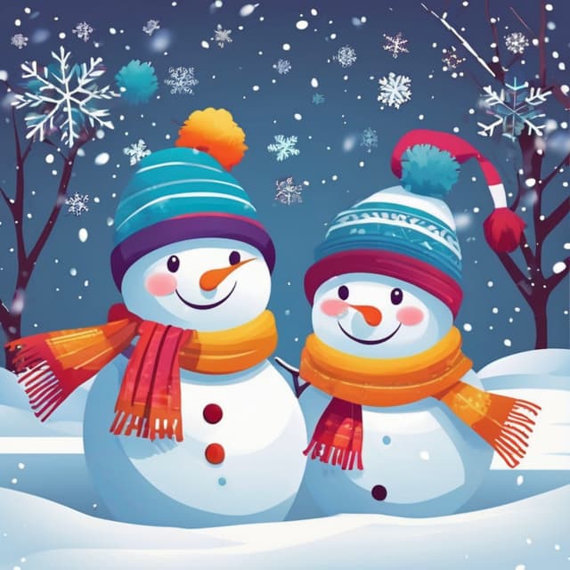 Two snowmen wearing colorful scarves and hats, playing in the snow, their smiling faces radiating warmth, with snowflakes falling in the winter scene, cute and lively illustration style.