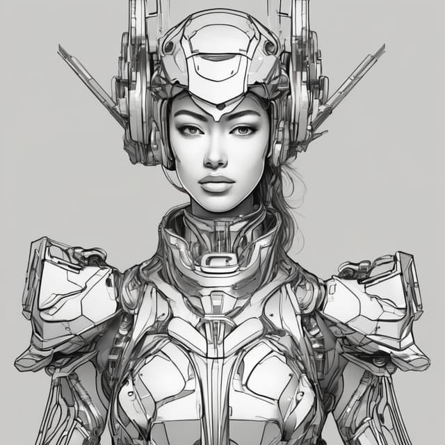 mechanical girl, detailed lines, smooth metal armor, minimalist background, modern feel, HD line art