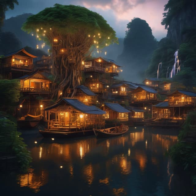 A colossal tree supporting a floating village, intricately designed wooden houses built on its branches, transparent waterfalls cascading from the sky, fireflies glowing at night, fantastical and dreamy scenery, highly detailed, soft lighting