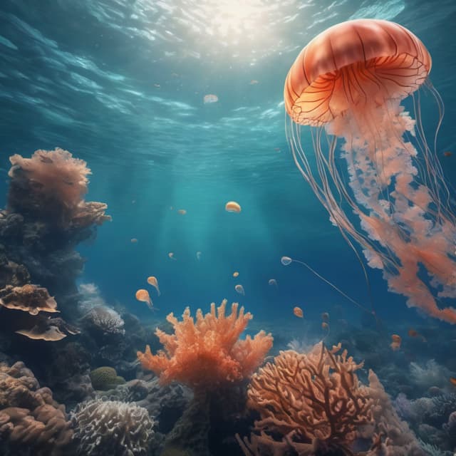 A surreal underwater world floating in the sky, jellyfish, corals, and marine life drifting in the air, the atmosphere filled with mist and the scent of the ocean, sky and sea merging in a dreamy scene.