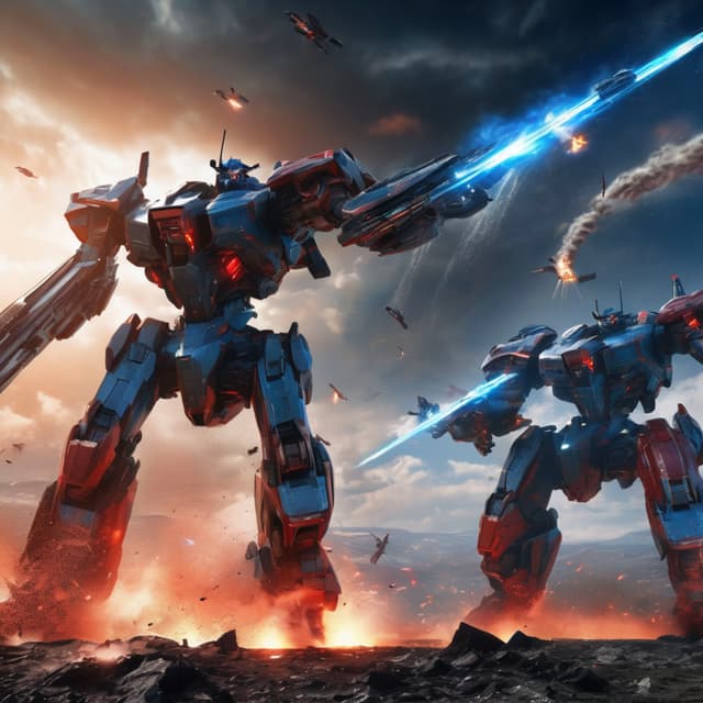 High-tech futuristic battlefield, two giant mechas engaged in an intense fight, blue plasma sword clashing with a red energy shield, sparks flying, warships floating in the distant sky, sci-fi war atmosphere, ultra-high detail, breathtaking visual impact