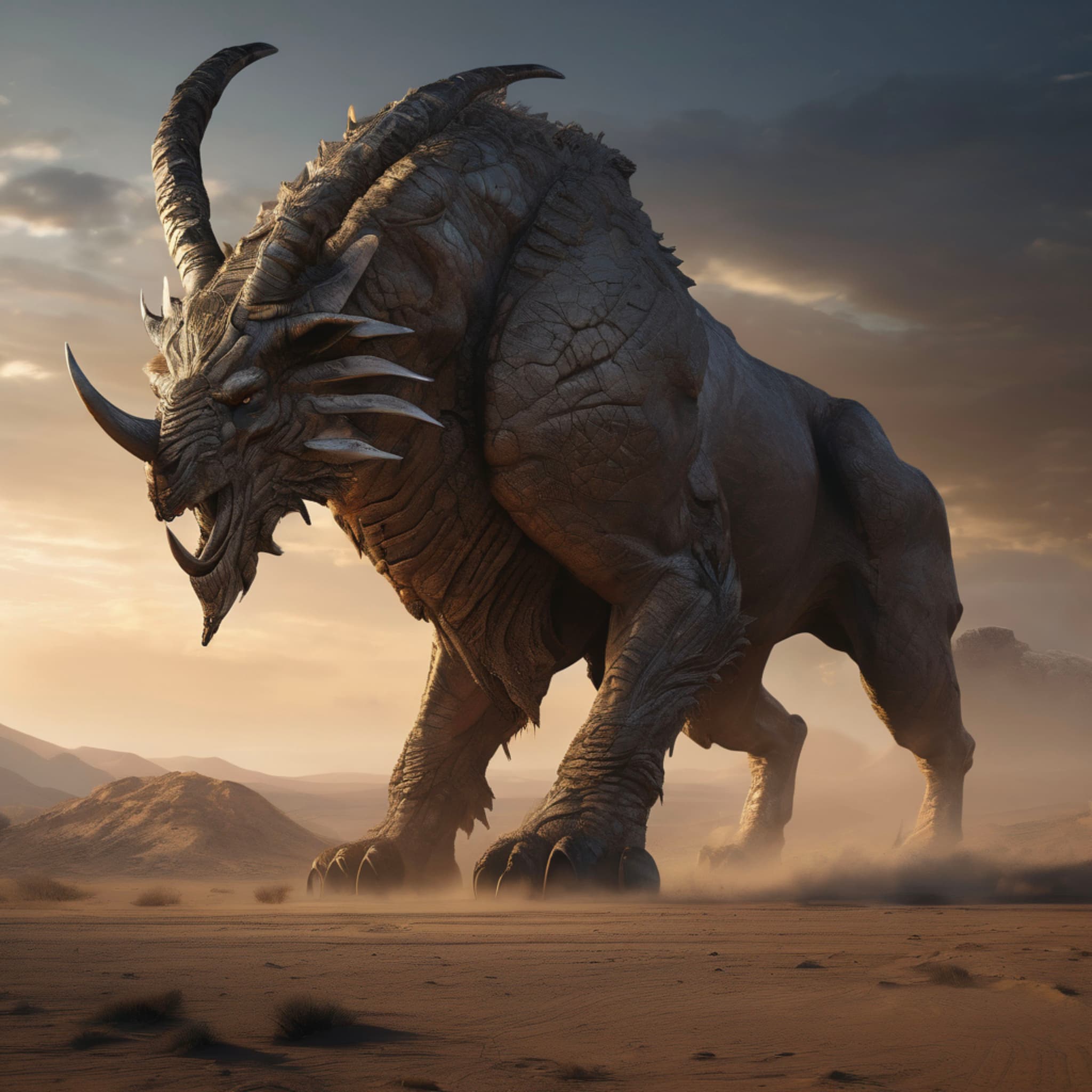 A massive ancient beast slowly walking across a twilight wasteland, each step kicking up dust, its enormous horns and rough skin covered in the marks of time, smaller creatures in the distance fleeing in terror, a sense of age and grandeur filling the air, epic style, highly detailed