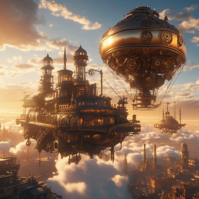 Floating steampunk city above the clouds, massive gears constantly turning, metallic airships soaring through the sky, intricate pipes and steam-powered devices, golden sunset light reflecting off metal buildings, retro-futuristic style, highly detailed