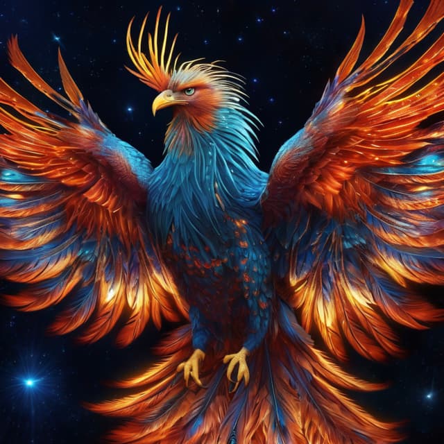 dreamy phoenix, fiery wings, glowing, vivid feathers under moonlight, dynamic fire and bioluminescent details, rich color, burning stars in the night sky, extremely detailed, HDR effect, surrealism, digital art, high-definition details