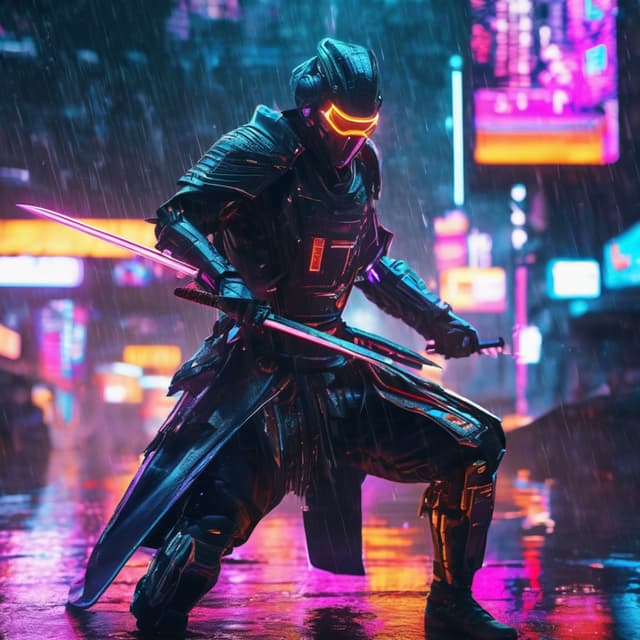 Neon-lit futuristic city, cyber samurai in advanced armor battling in the rain, opponent wearing a high-tech mask, metallic cybernetic limbs glinting, electricity sparking between sword blades, stunning cyberpunk atmosphere, highly detailed