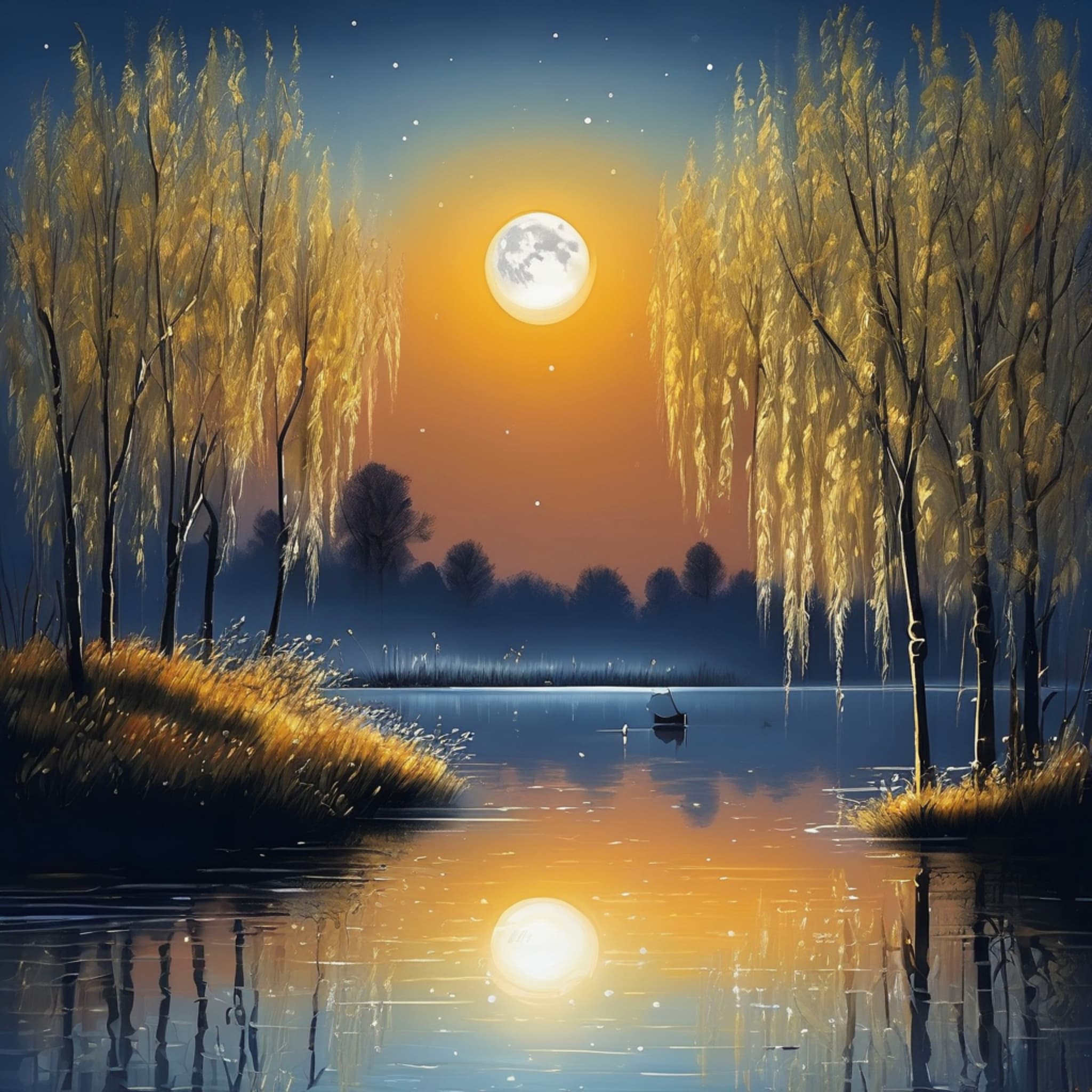 In the quiet of the night, bright moonlight illuminating the lake's surface, the water calm like a mirror, willow trees drooping at the shore, small glowing lights floating on the lake, tranquil and dreamy atmosphere, beautiful landscape painting style, highly detailed