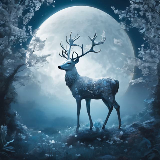 A hidden dreamlike garden covered in mist, a glowing silver-white deer standing in the center, vines with soft luminescence entwined on its antlers, a giant blue full moon in the sky, bioluminescent plants blooming around