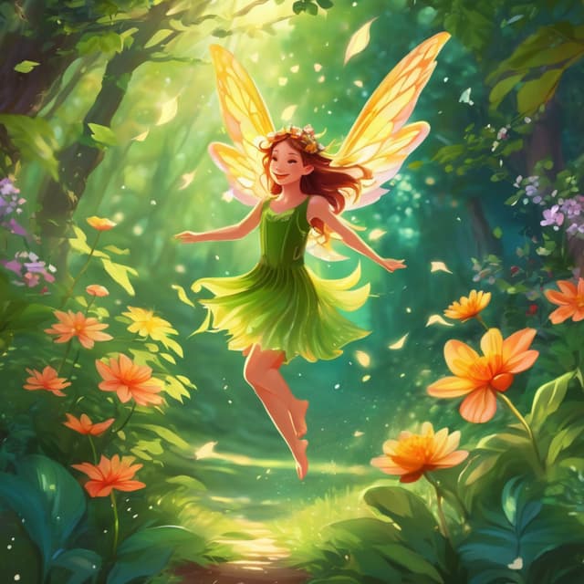 A tiny, cute fairy leaping in the forest sunlight, surrounded by lush green trees and vibrant flowers, the fairy's wings shimmering with delicate light, vivid and warm illustration style.