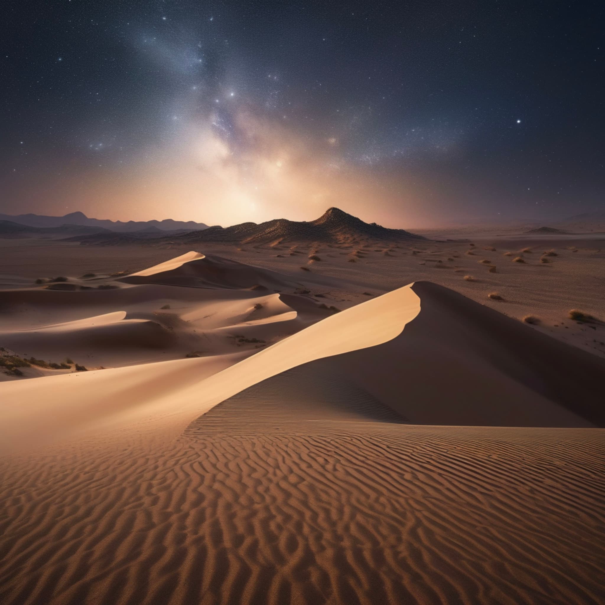 In the endless desert, a palace made of stars and shooting stars stands under the night sky, glowing with silver light, the starry sky and sand dunes blending together, creating a dreamy scene.