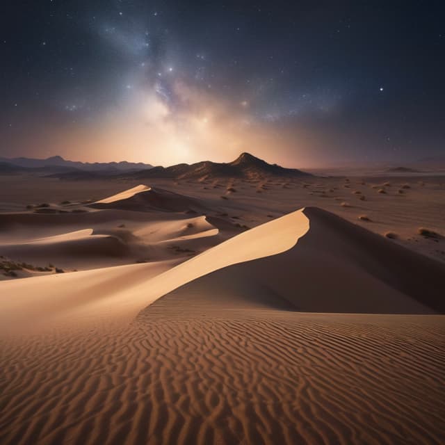 In the endless desert, a palace made of stars and shooting stars stands under the night sky, glowing with silver light, the starry sky and sand dunes blending together, creating a dreamy scene.