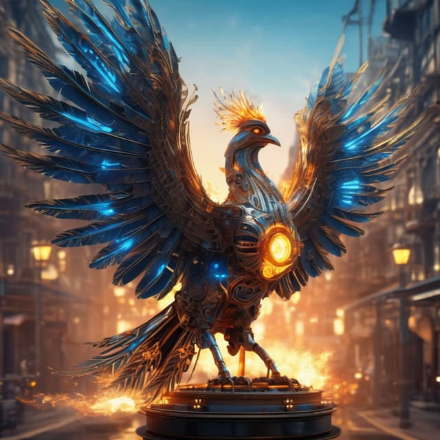 A mechanical phoenix made of intricate gears reborn in flames, its metallic feathers glowing with firelight, wings spreading with steam and blue flames, in the background stands a magnificent steampunk city, retro-futuristic aesthetic