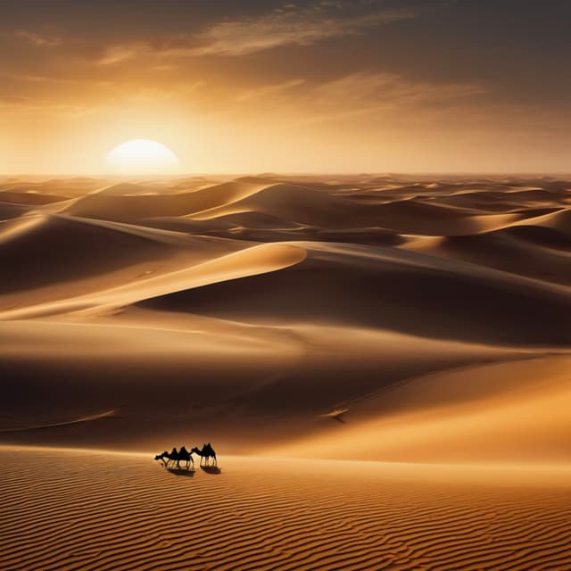 Under the golden sunset, vast desert stretches in curves, a solitary caravan of camels moving slowly in the distance, hot sand particles swirling in the wind, an indistinct horizon where the sky meets the earth, minimalist style, high-contrast light and shadow effects