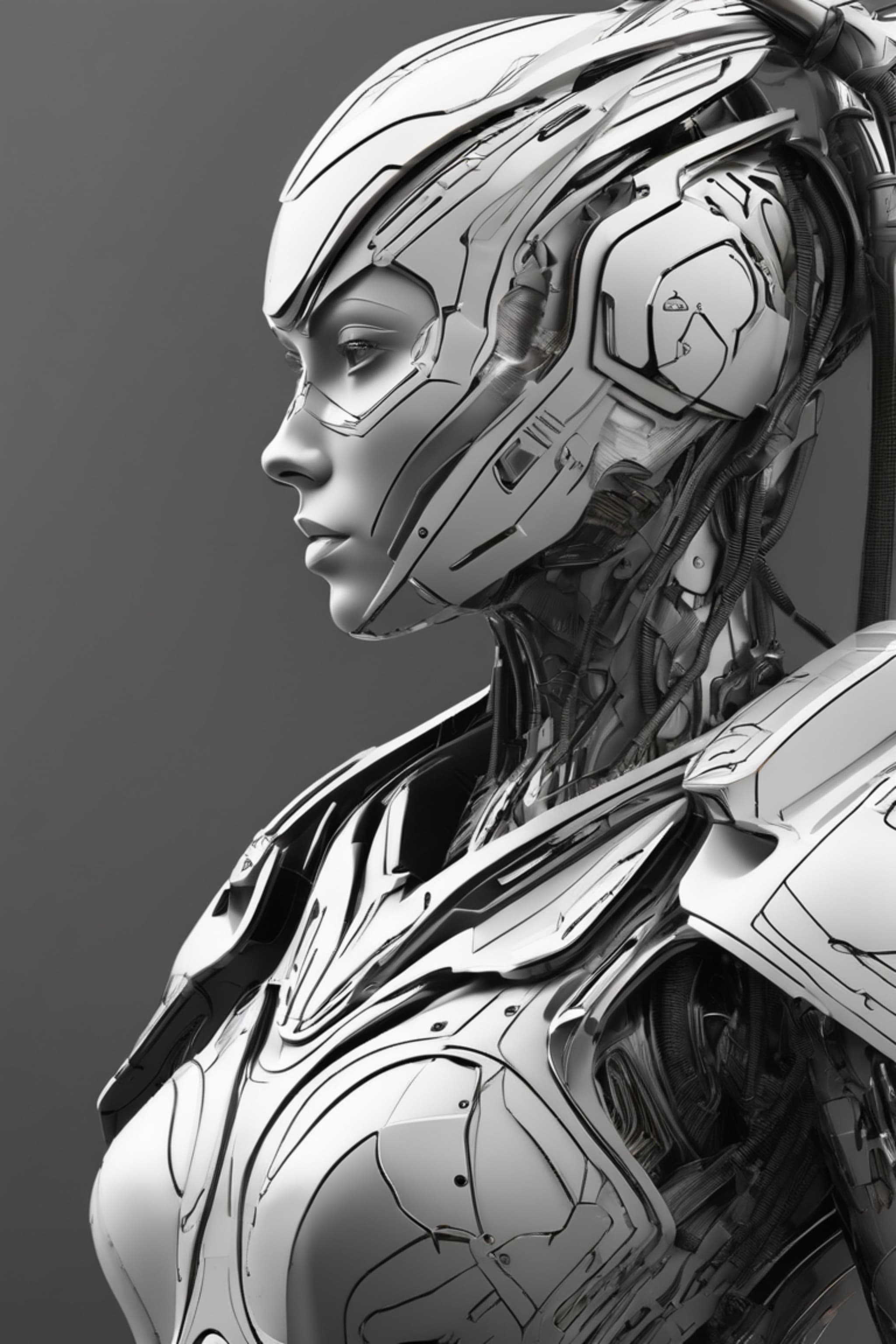 futuristic warrior, clean lines, mechanical details, sharp contours, minimalist background, black and white contrast, HD line art