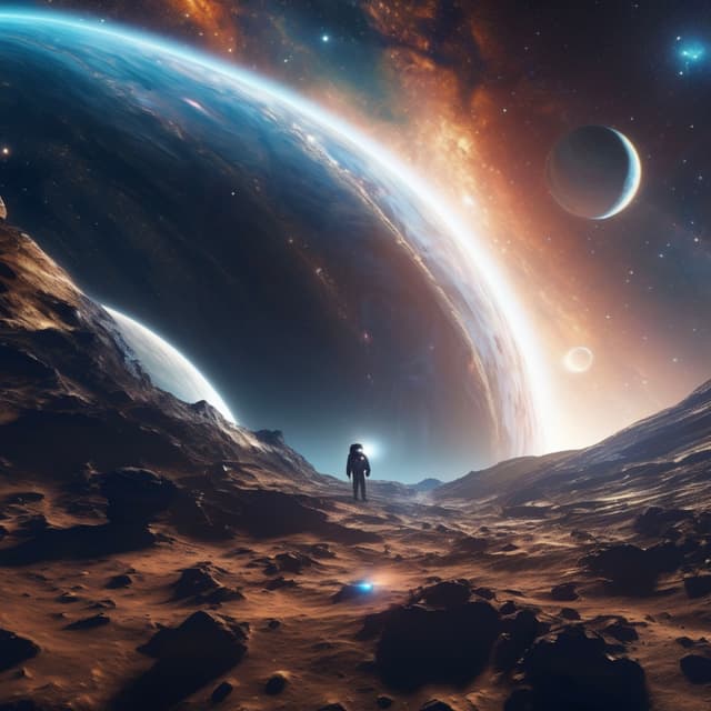 Vast cosmic space, floating astronaut, dazzling Milky Way, sci-fi spaceship, floating planet debris, nebula lighting, mysterious space exploration, breathtaking universe visuals, high-resolution detail