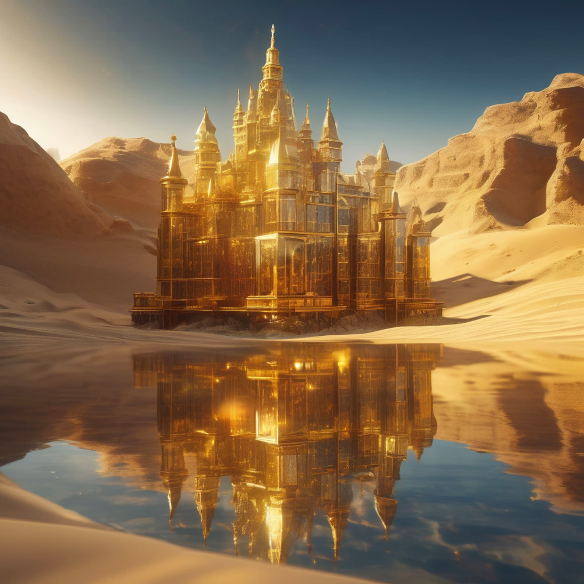 An endless golden desert, a giant castle made of transparent crystal and glass, sunlight refracting into brilliant colors, a glowing river of time flowing through the sand, ancient clock fragments floating in the air