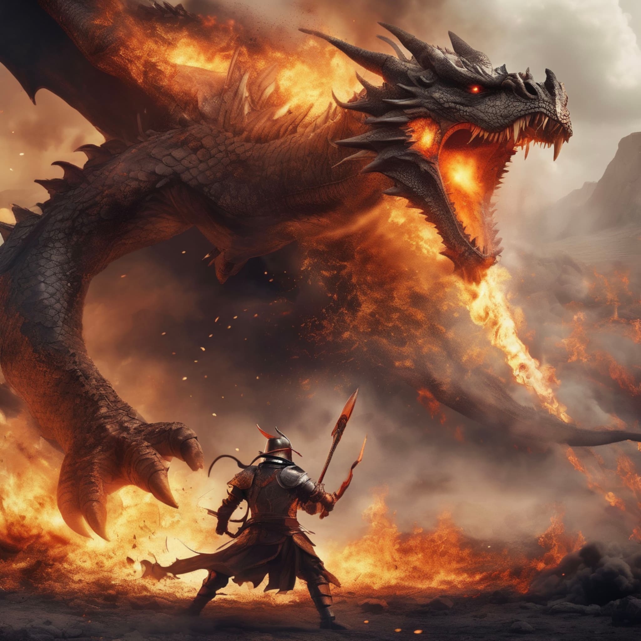 A brave ancient warrior fighting a giant fire-breathing dragon in an intense battle, smoke and flames filling the battlefield, tense atmosphere.