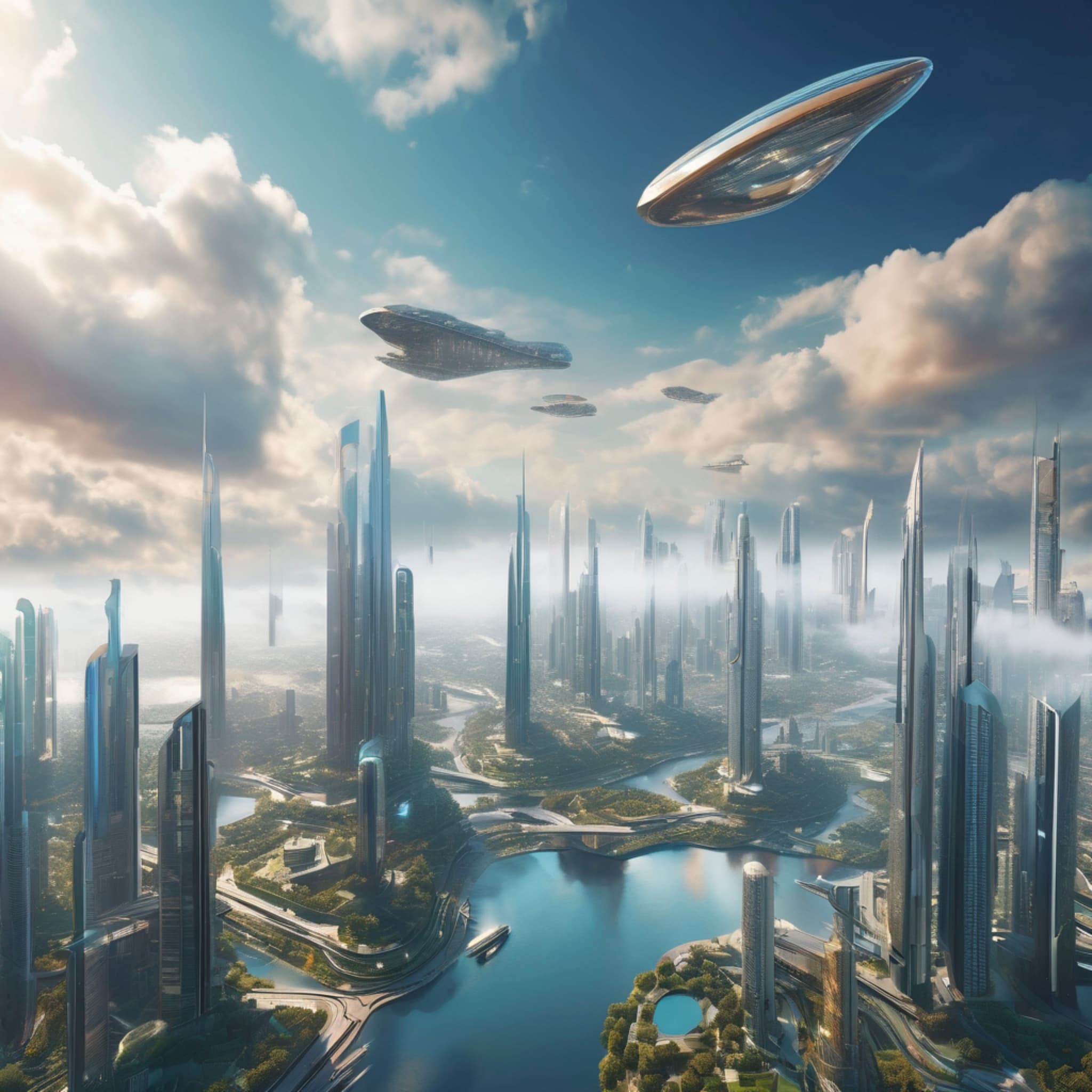 A floating sky city above a futuristic metropolis, with highly modern, uniquely shaped buildings, clouds and mist surrounding the city, flying vehicles soaring in the sky, blending technology and fantasy.