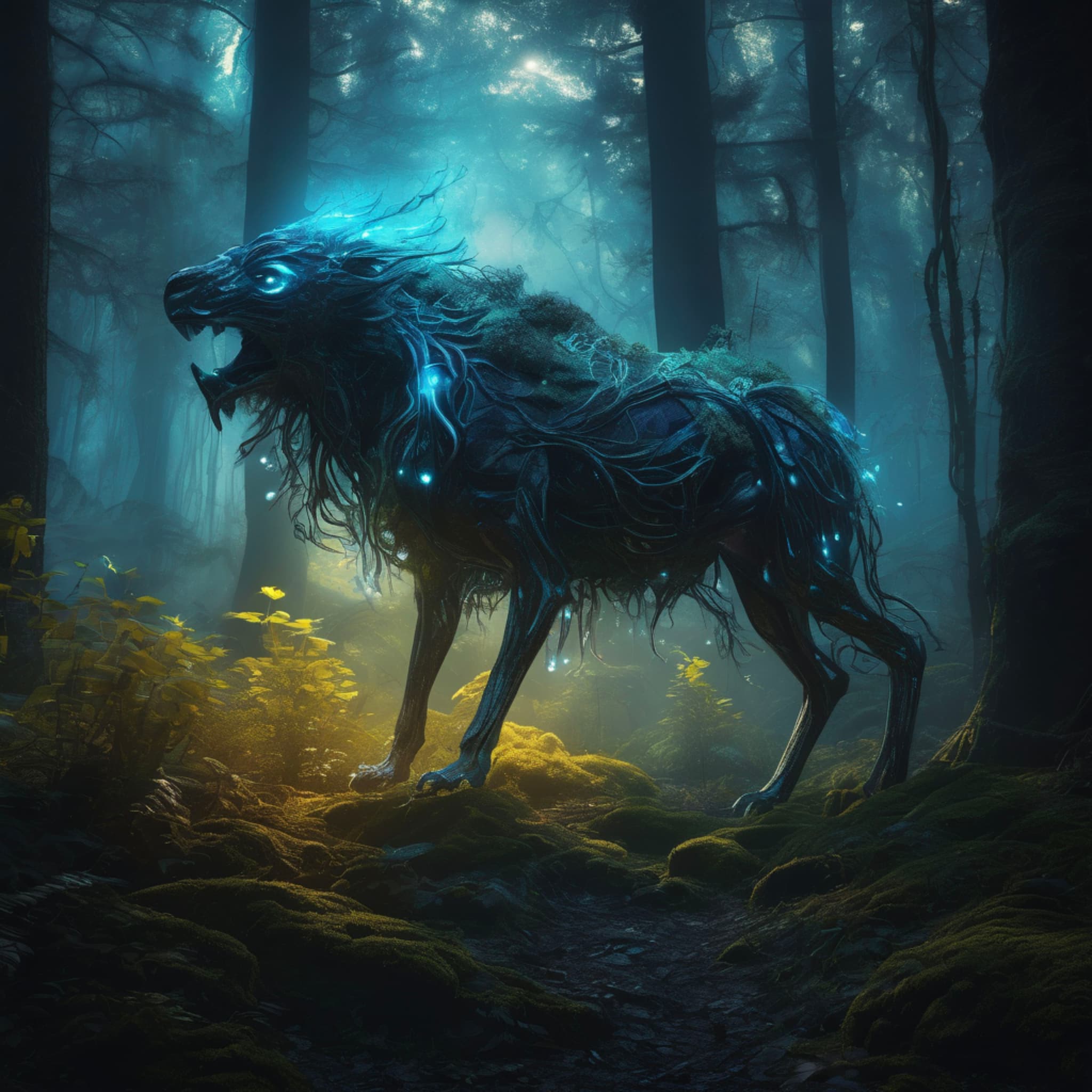 glowing creature wandering in a dark forest, bioluminescent skin, mysterious mist surrounding, vibrant light halo around the body, intense contrast between light and dark, intricate creature details and vivid expressions, ultra-detailed, digital illustration, fantastical biological fantasy