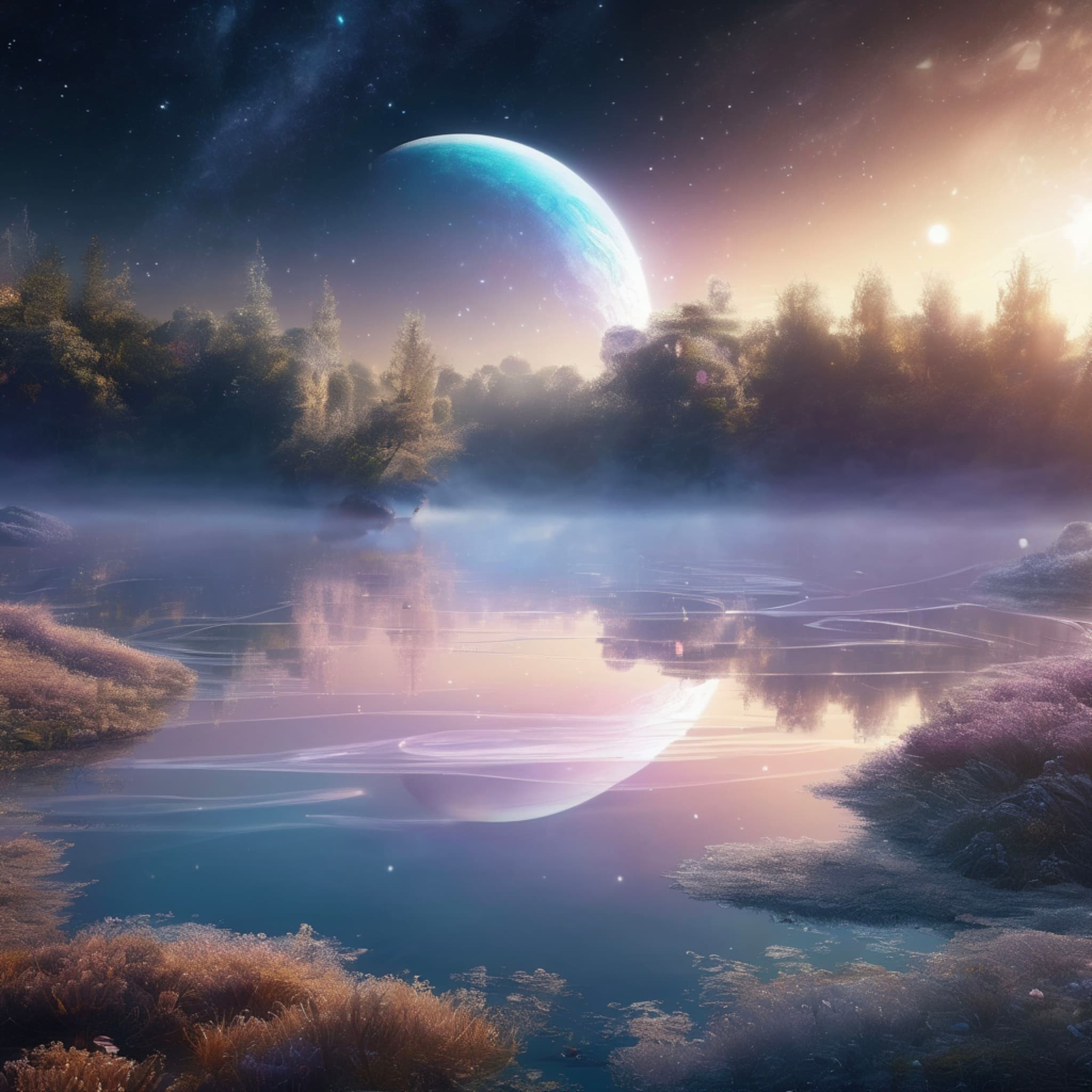 floating moon, transparent water surface, star reflection, surreal universe, rainbow halo, mystical dreamscape, bright milky way, light and shadow mist, white feathers drifting, floating city in the distance, misty sky, dynamic flowing lines, futuristic tech feel, ultra-detailed, HD 4K