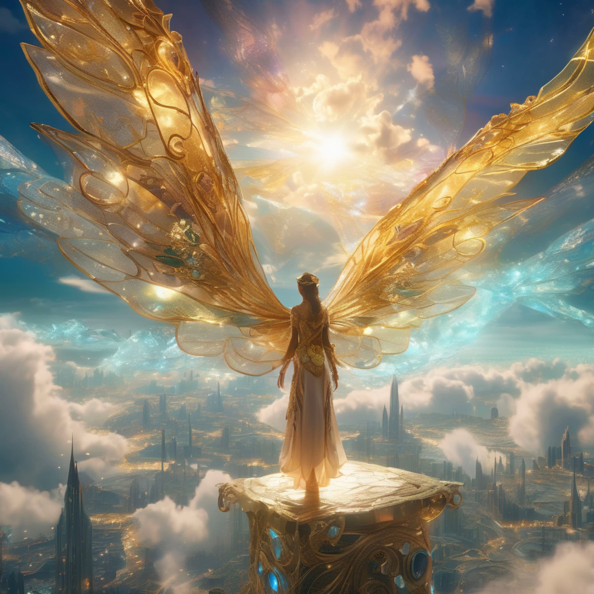 elf character, floating in a fantasy sky city, translucent wings, glowing gemstones and accessories, intertwined clouds and golden light, intricate decorations and glowing elements, ultra-detailed and rich colors, HDR render, aurora tones, surrealism, high-definition illustration