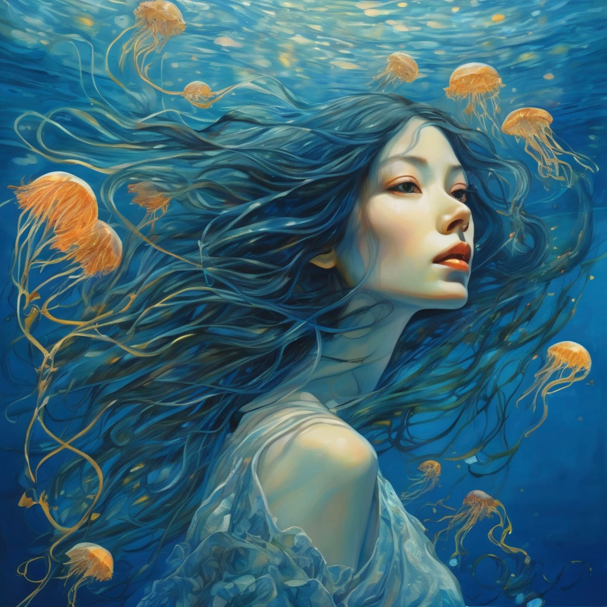 floating underwater woman adorned with winding seaweed and glowing jellyfish, hair flowing like water currents, deep blue underwater world in the background, 80-degree view, art style influenced by Brian Froud, Takashi Murakami, James Jean, and John William Waterhouse.