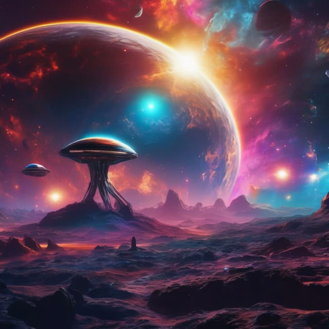 In a distant galaxy, strange alien creatures floating in space, surrounded by vibrant nebulae and planets, the aliens emitting strange glows, the mysterious colors of the universe and futuristic vibes, extreme sci-fi style, highly detailed