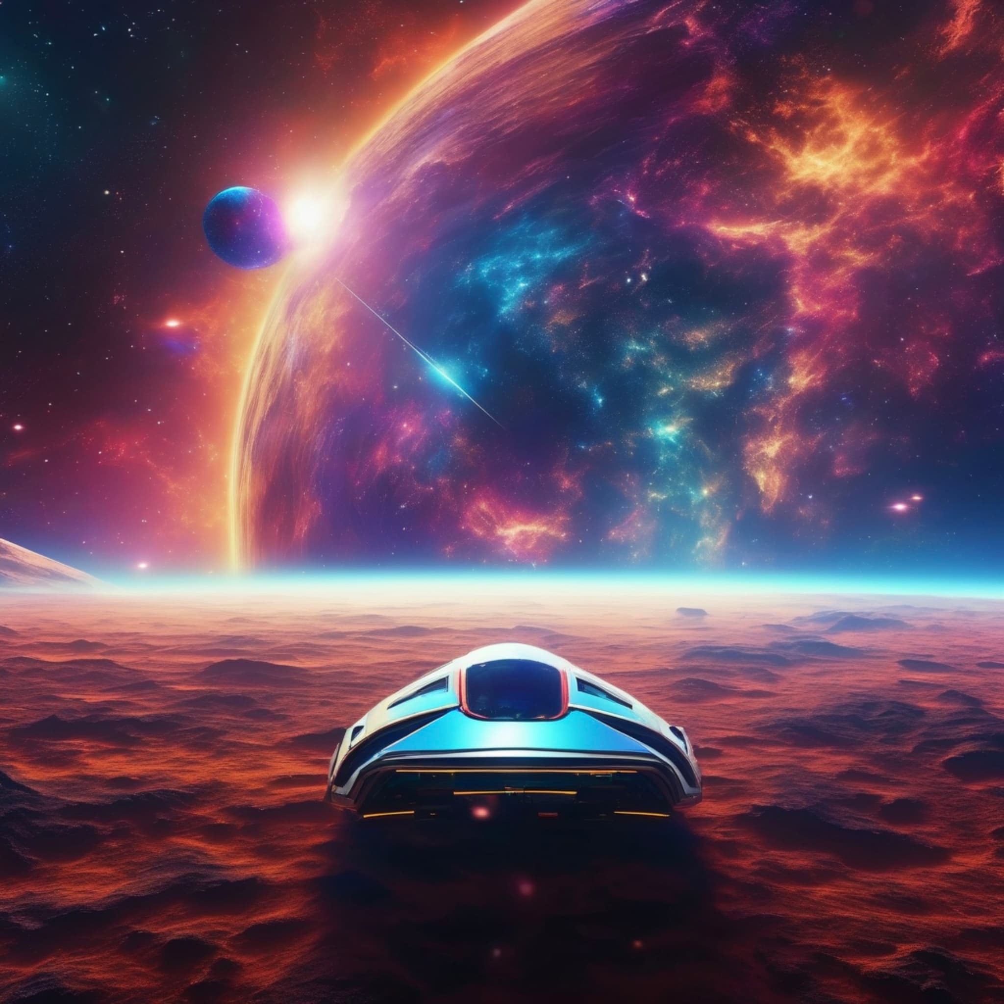 A starship traveling through a dazzling nebula, the interior adorned with futuristic tech devices, the view outside reveals a colorful interstellar landscape, dreamy lighting and shadow effects.