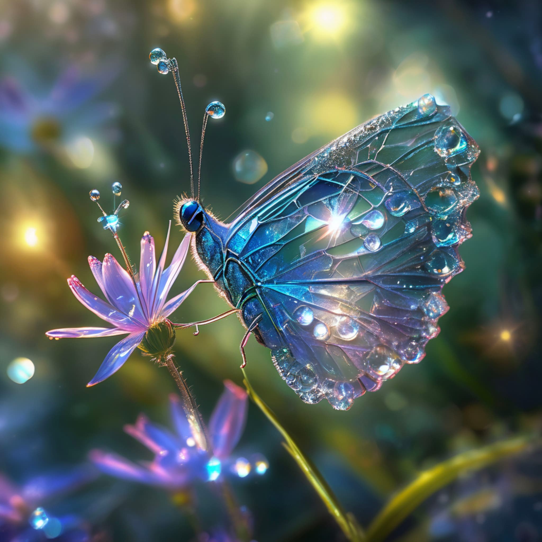 crystal butterfly, glowing sparkles on wings, tranquil garden, strange plants, soft light and shadow interplay, water droplets reflecting light on petals, ultra-detailed depiction, glowing creatures, rich HDR effects, digital painting, surreal light and shadow