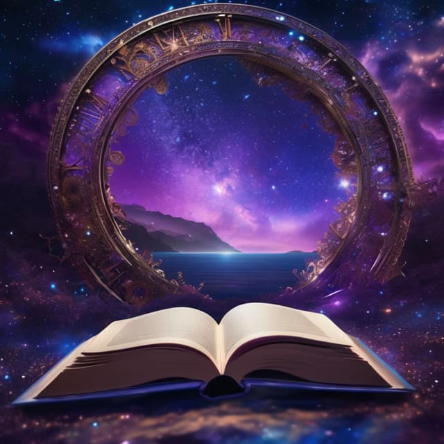 A book floating in the cosmos, its pages turning and releasing a river of stars and clock gears, a twisted time tunnel extending from the book, mysterious blue and purple glow covering the entire scene, surrealism, futuristic, dreamy style