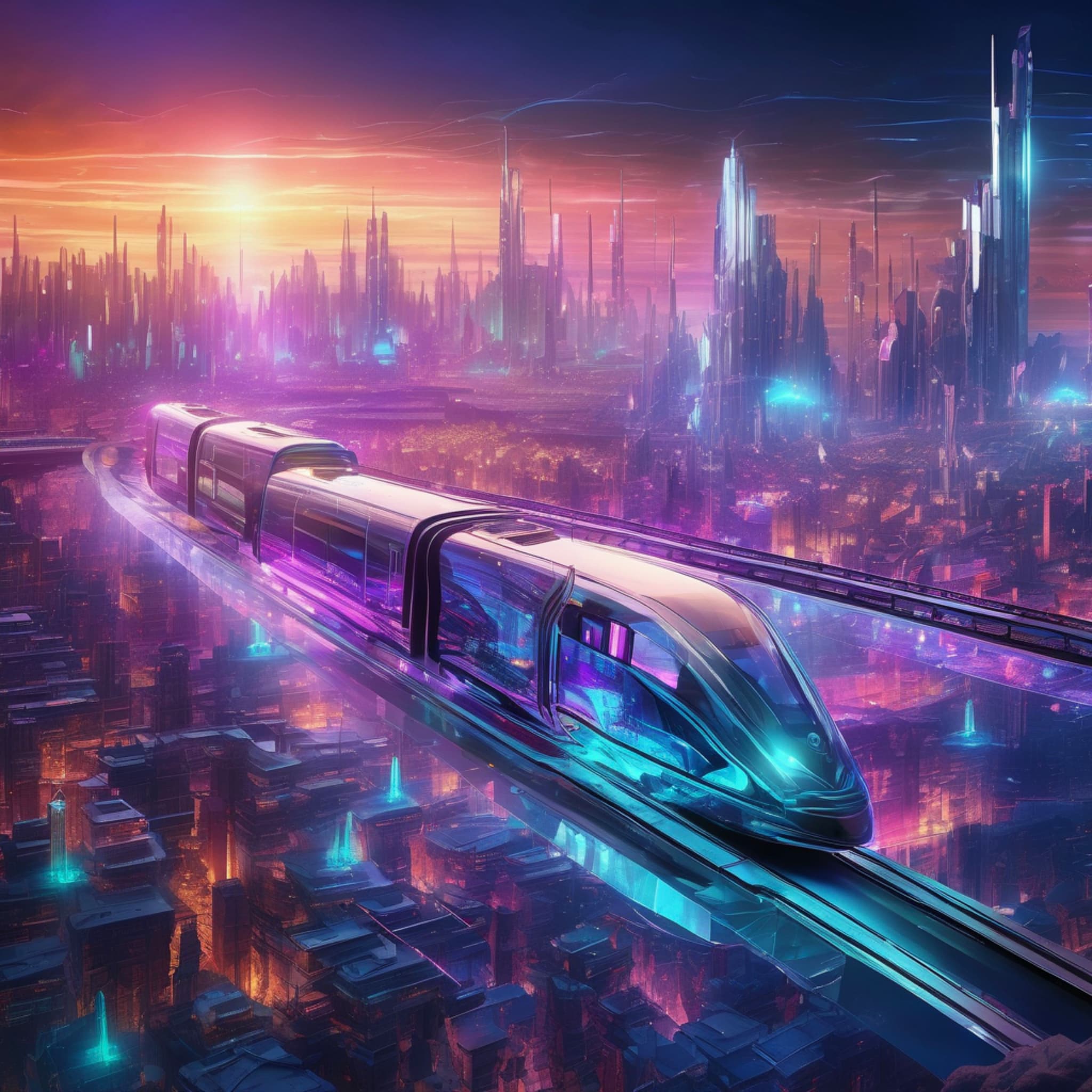 A futuristic city made of transparent crystals, floating railway trains glowing with neon lights, a sky filled with colorful auroras, floating islands in the distance, surreal cyber-futuristic style