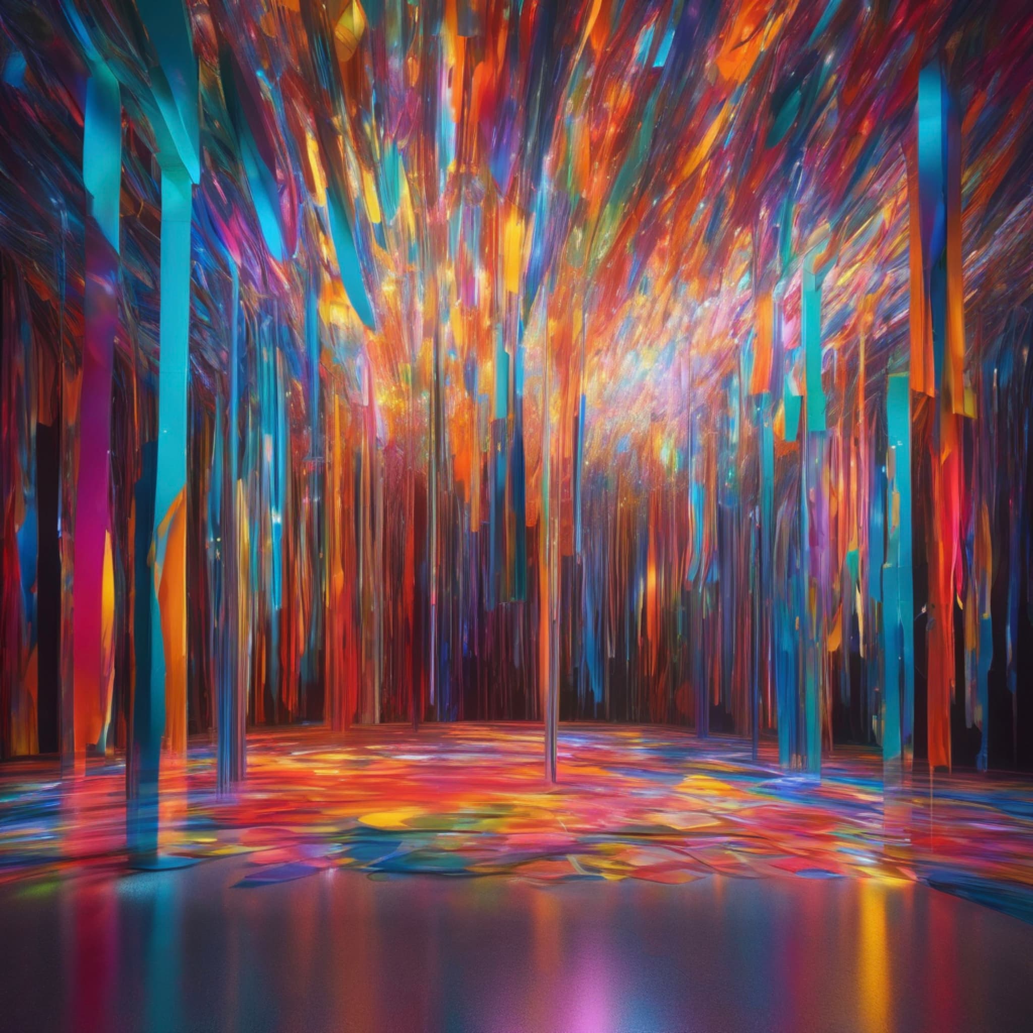 In a weightless space, colorful art pieces float freely, canvases, sculptures, and light interweaving in the air, as if time and space have stopped, full of fantasy and creativity.