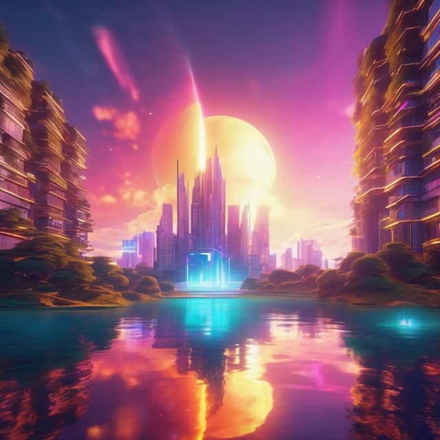 In a virtual reality world, glowing buildings and floating islands hover, vibrant light beams and gradient skies create a dreamy atmosphere, blending technology and nature.