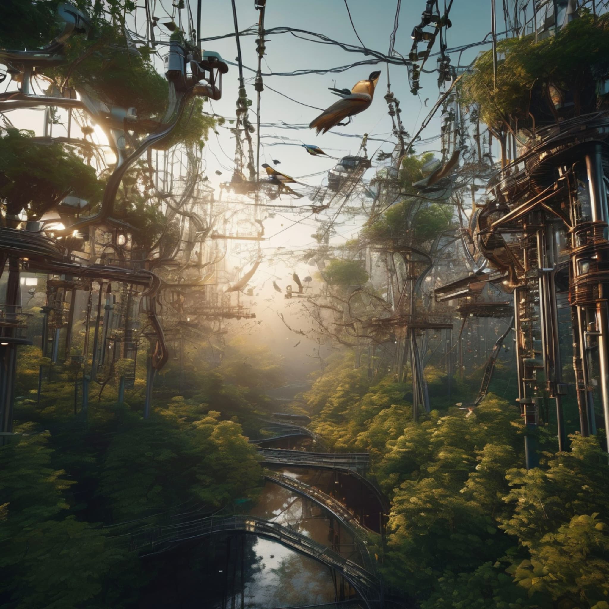 A mechanical forest where trees are made of metal and steel, glowing wires hanging from branches, robotic birds flying through the air, a dreamlike scene blending industry with nature.