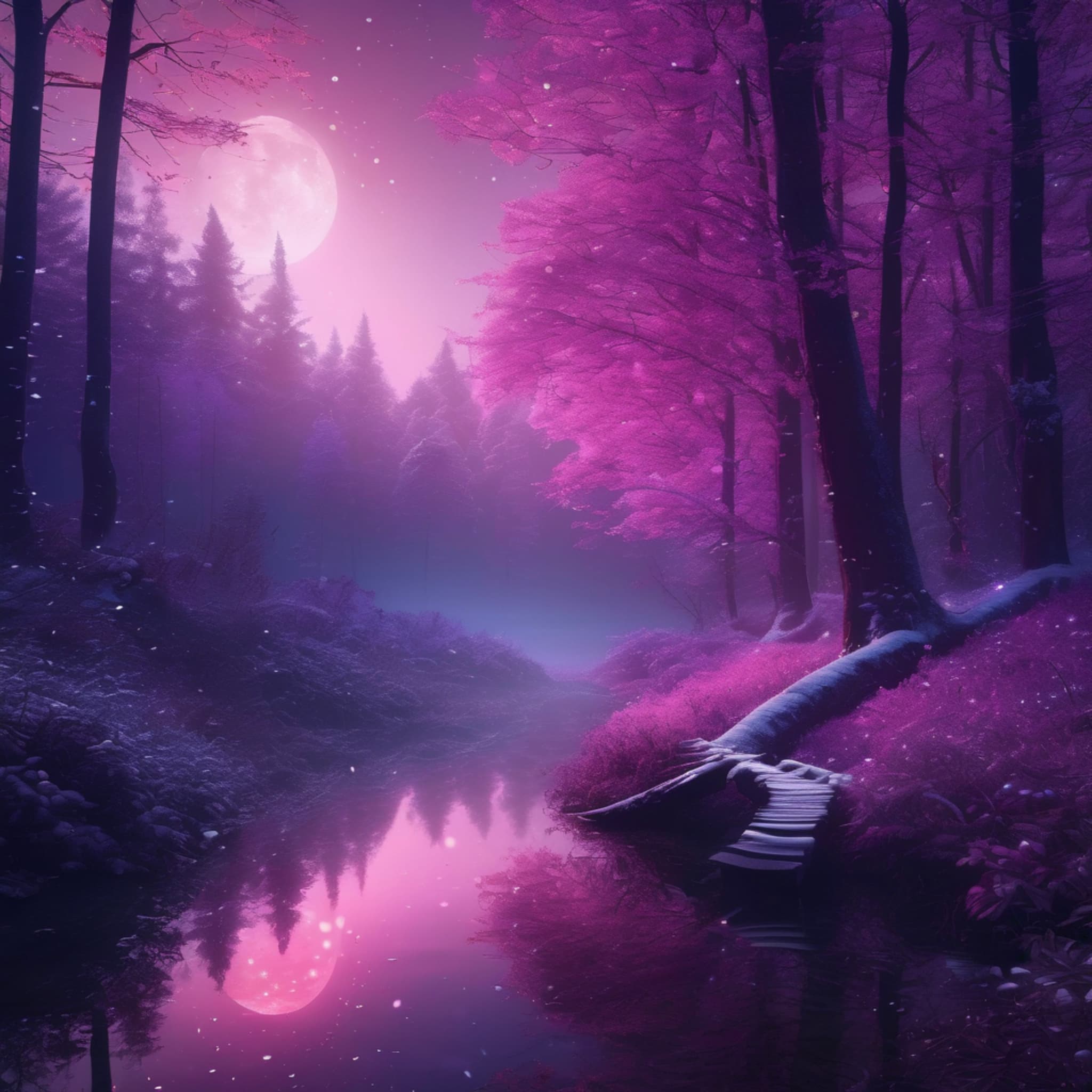 mysterious purple forest, glowing trees and plants, light illuminating the misty path, strange creatures wandering through the forest, dreamlike purple and pink gradient tones, stars scattered among the treetops, tranquil night, delicate light and shadow effects, distant crystal lake, snow-covered branches, surreal wonderland, HD 4K