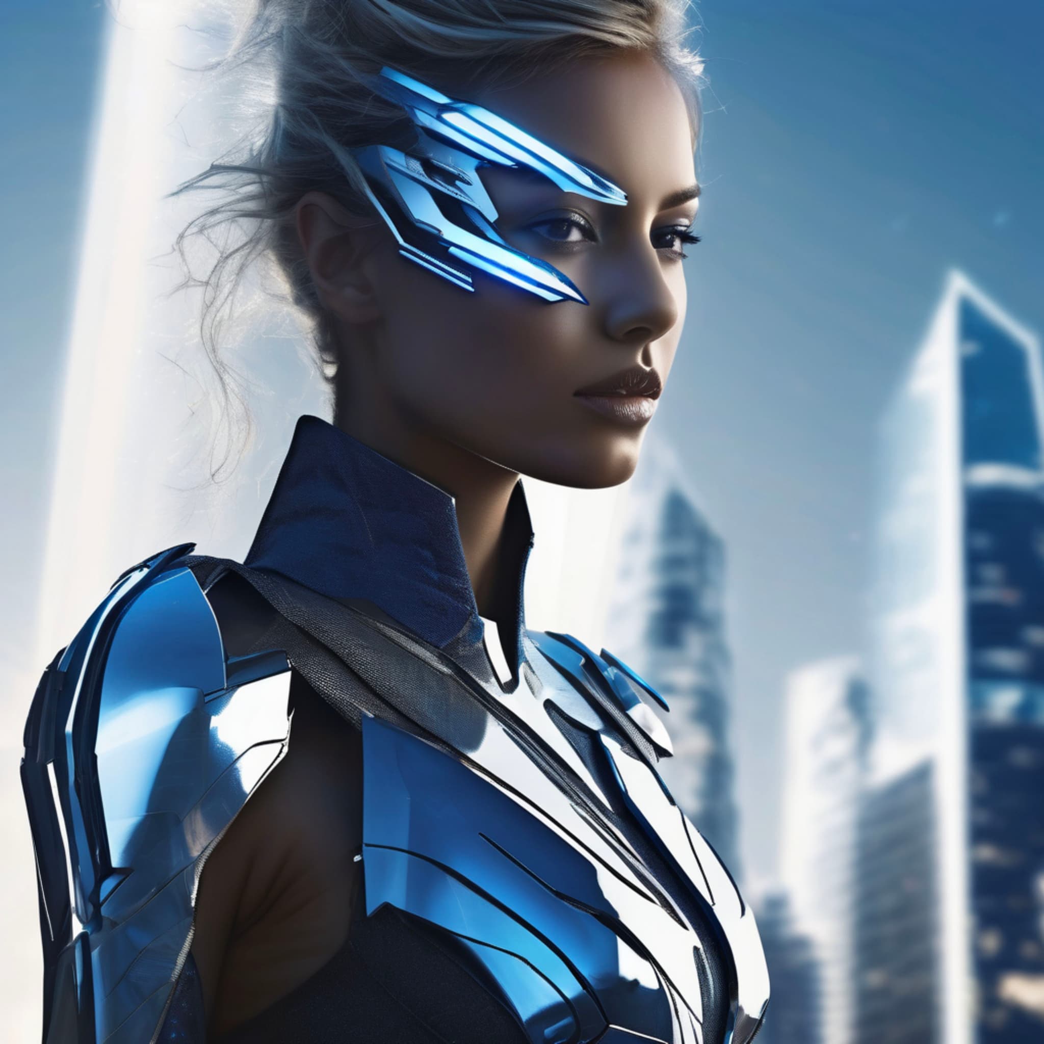 futuristic warrior, high-tech armor, electric light illuminating her silhouette, minimalist city background, fusion of metal and light, sharp gaze, dynamic sense of motion, design combining machinery and human form, deep blue and silver tones, metallic sheen on skin, surreal futuristic feel, HD 4K