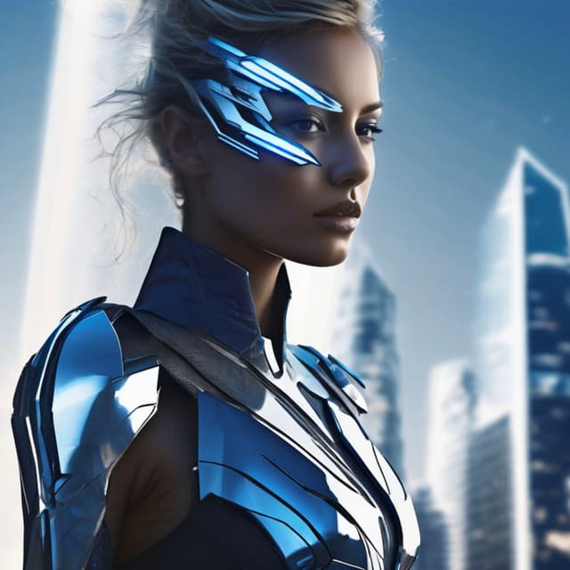 futuristic warrior, high-tech armor, electric light illuminating her silhouette, minimalist city background, fusion of metal and light, sharp gaze, dynamic sense of motion, design combining machinery and human form, deep blue and silver tones, metallic sheen on skin, surreal futuristic feel, HD 4K