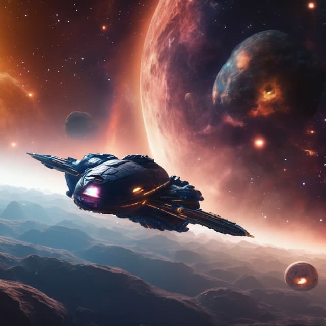 A sci-fi spaceship traveling through the starry sky, surrounded by nebulae and planets, the ship's design sleek and glowing, a distant unknown planet.