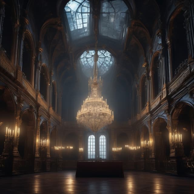 Dimly lit ancient castle hall, a massive crystal chandelier emitting faint light, ghostly musicians playing instruments, ethereal figures barely visible in the instruments, a chilling atmosphere resonating with deep music, lavish and eerie gothic style, highly detailed