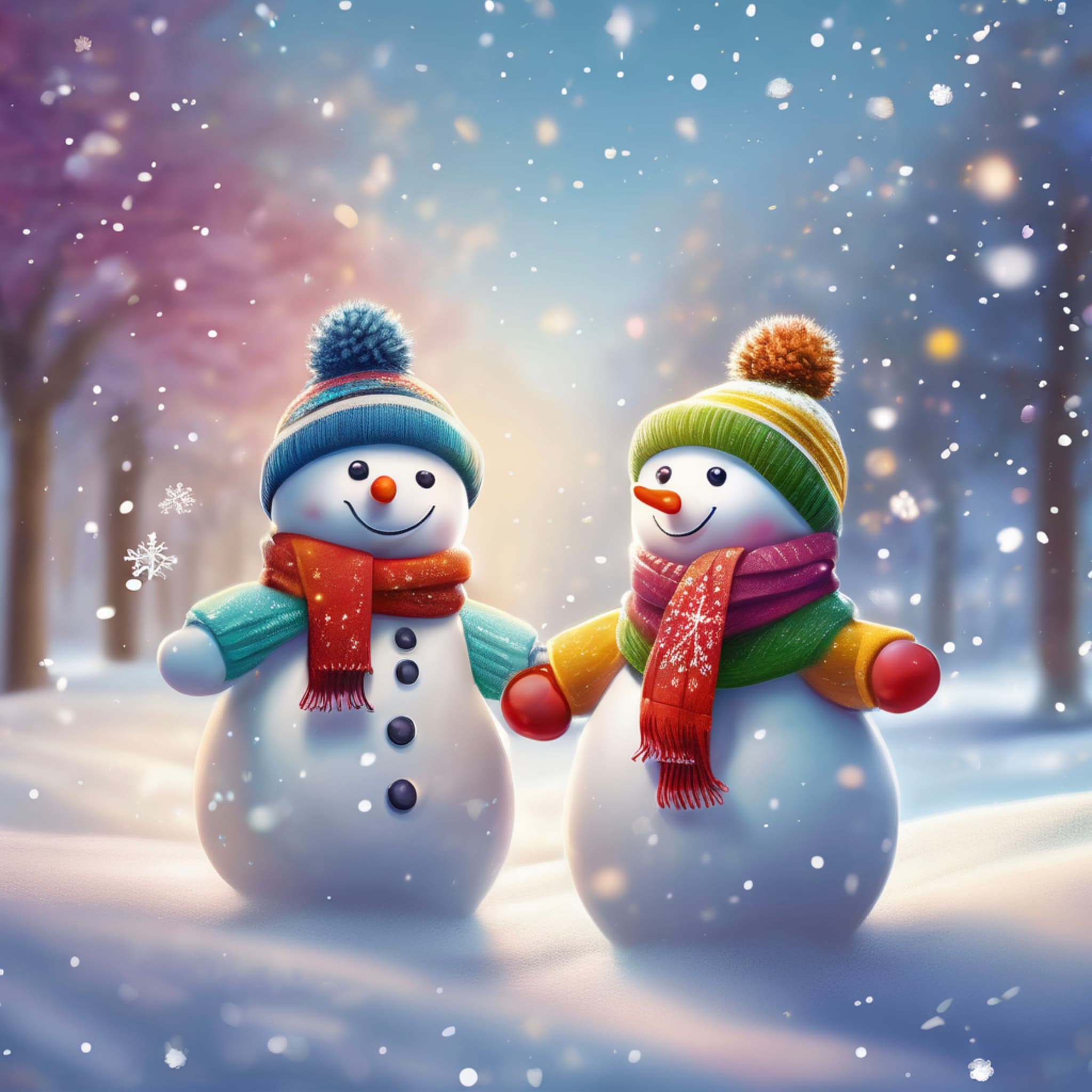 Two snowmen wearing colorful scarves and hats, playing in the snow, their smiling faces radiating warmth, with snowflakes falling in the winter scene, cute and lively illustration style.