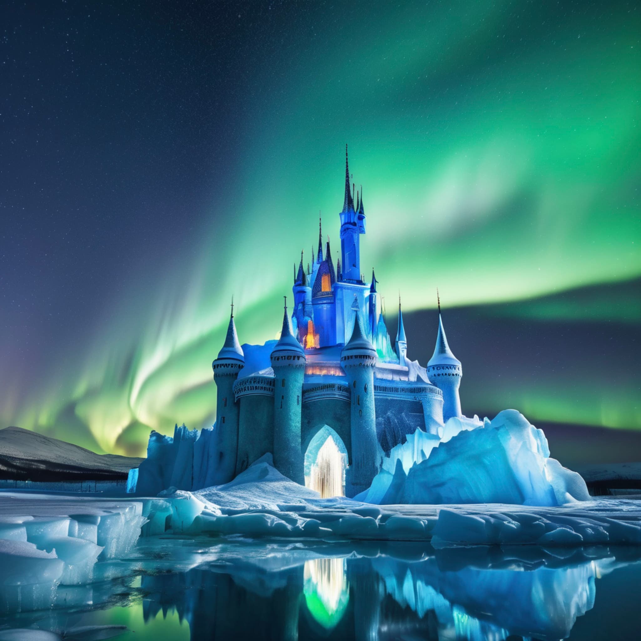 Dazzling northern lights dancing in the night sky, silver-white ice castle standing atop a glacier, glowing with a magical blue light, crystal-clear icicles decorating the castle gates, ice lake reflecting the aurora, fairy tale aesthetic, highly detailed