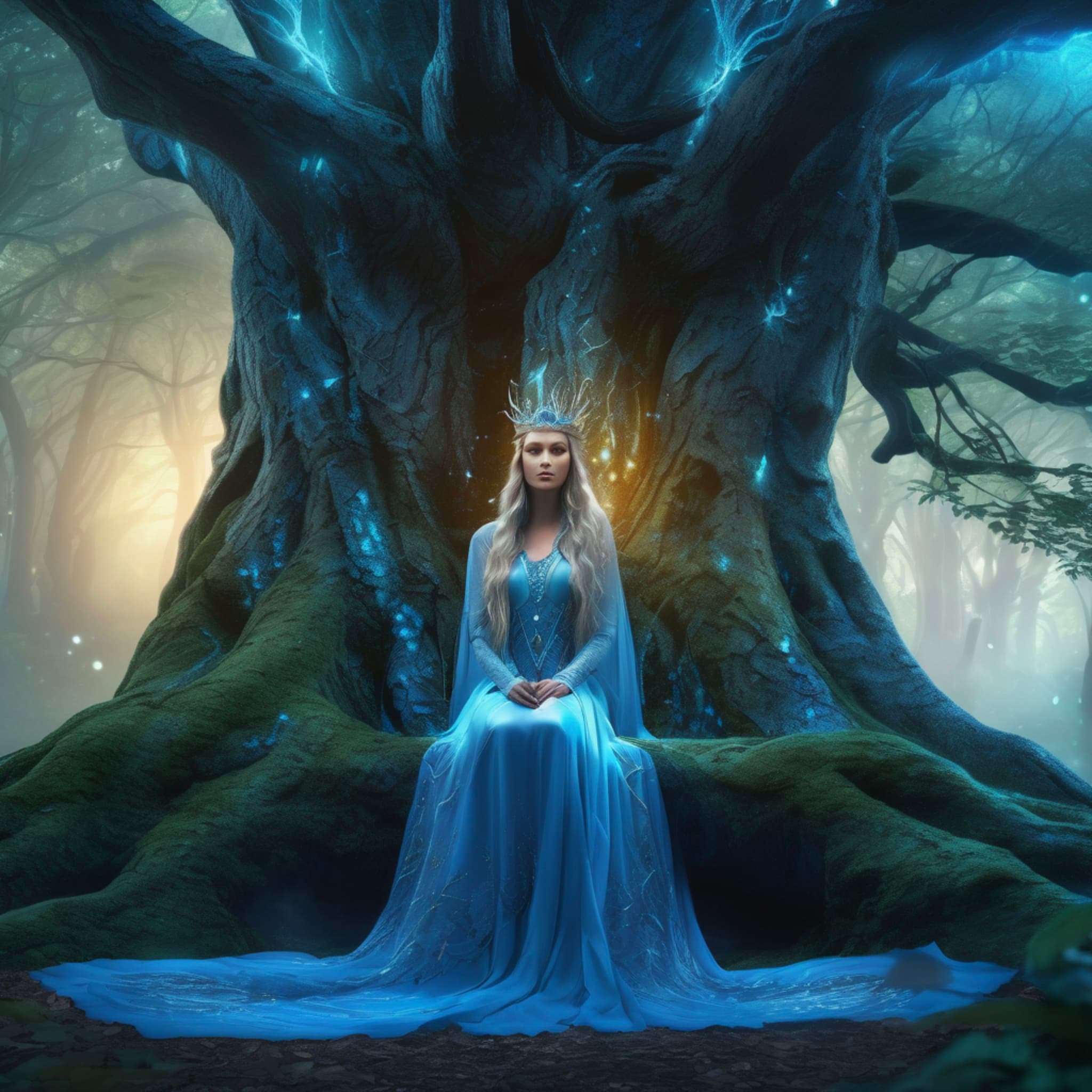 Mysterious ancient forest, a grand tree throne at the center, glowing with magical runes, elven queen seated gracefully, long hair flowing in the wind, soft blue luminescence spreading through the forest, fantasy magical atmosphere, highly detailed