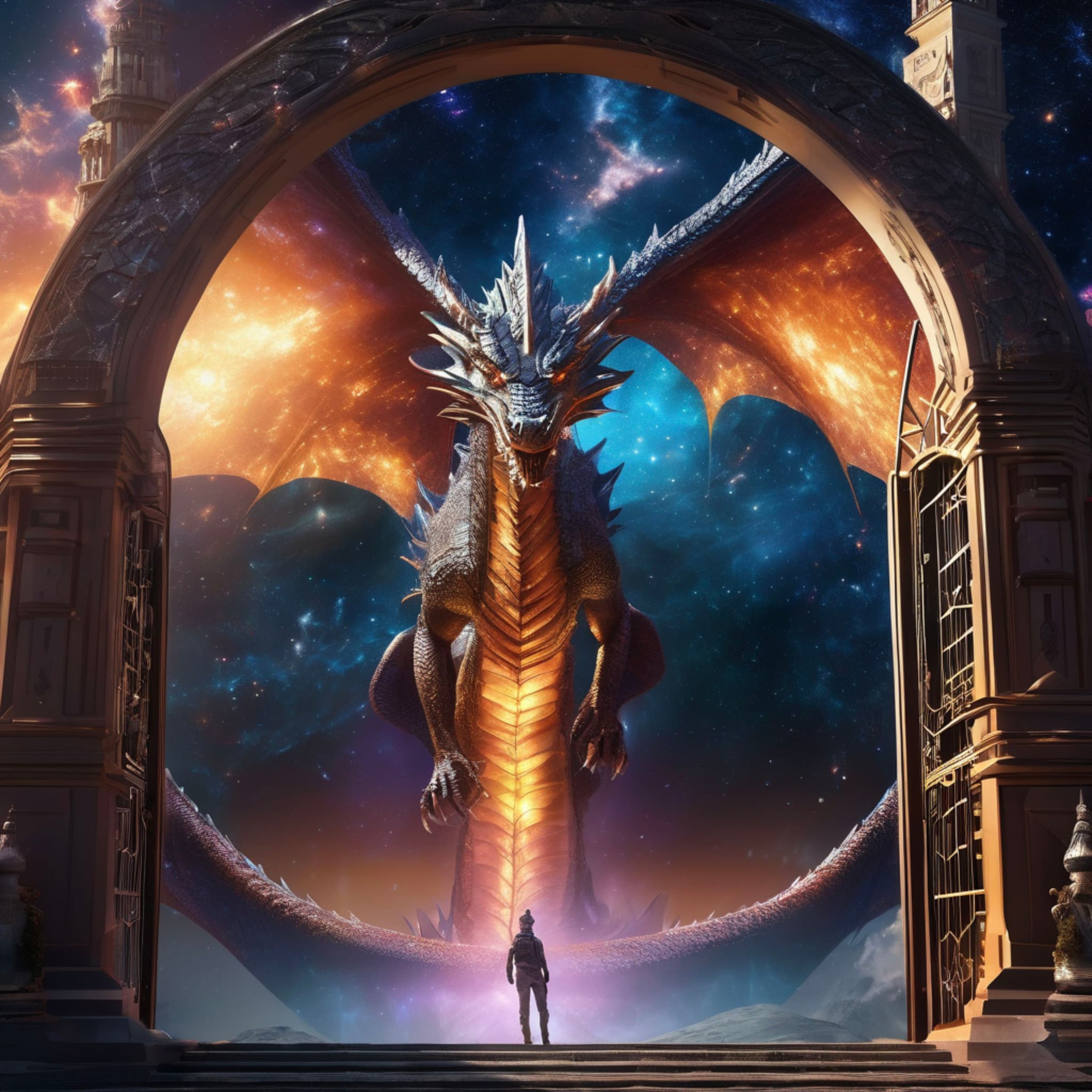 A colossal galactic dragon guarding the cosmic gateway, its scales shimmering like nebulae, behind the gate lies a mysterious dimension filled with unknown celestial bodies, a fusion of fantasy and sci-fi