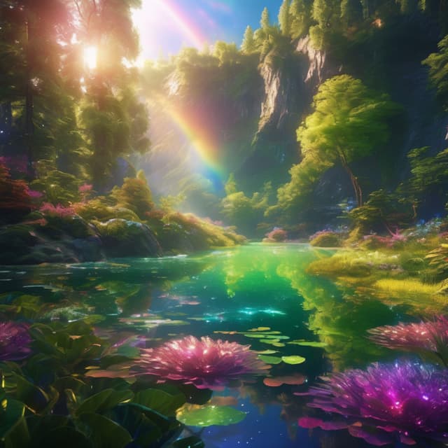 A hidden lake deep in a dreamlike forest, the surface like a mirror, floating crystals, lush green trees around, sunlight filtering through the leaves, casting rainbow-colored glimmers, like a fairyland.