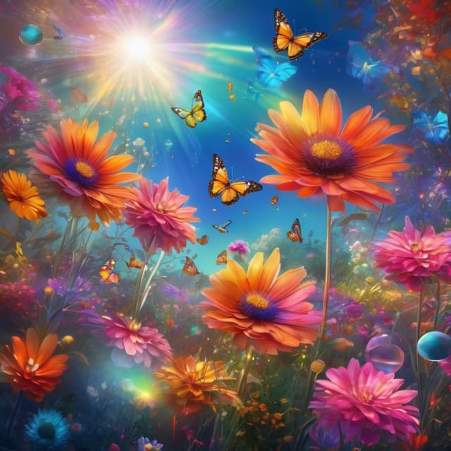 Strange dream garden filled with unusual colorful flowers, floating transparent crystal orbs in the sky, light refracting into a spectrum of vibrant hues, butterflies fluttering about, dreamy surrealistic style, soft tones and intricate details