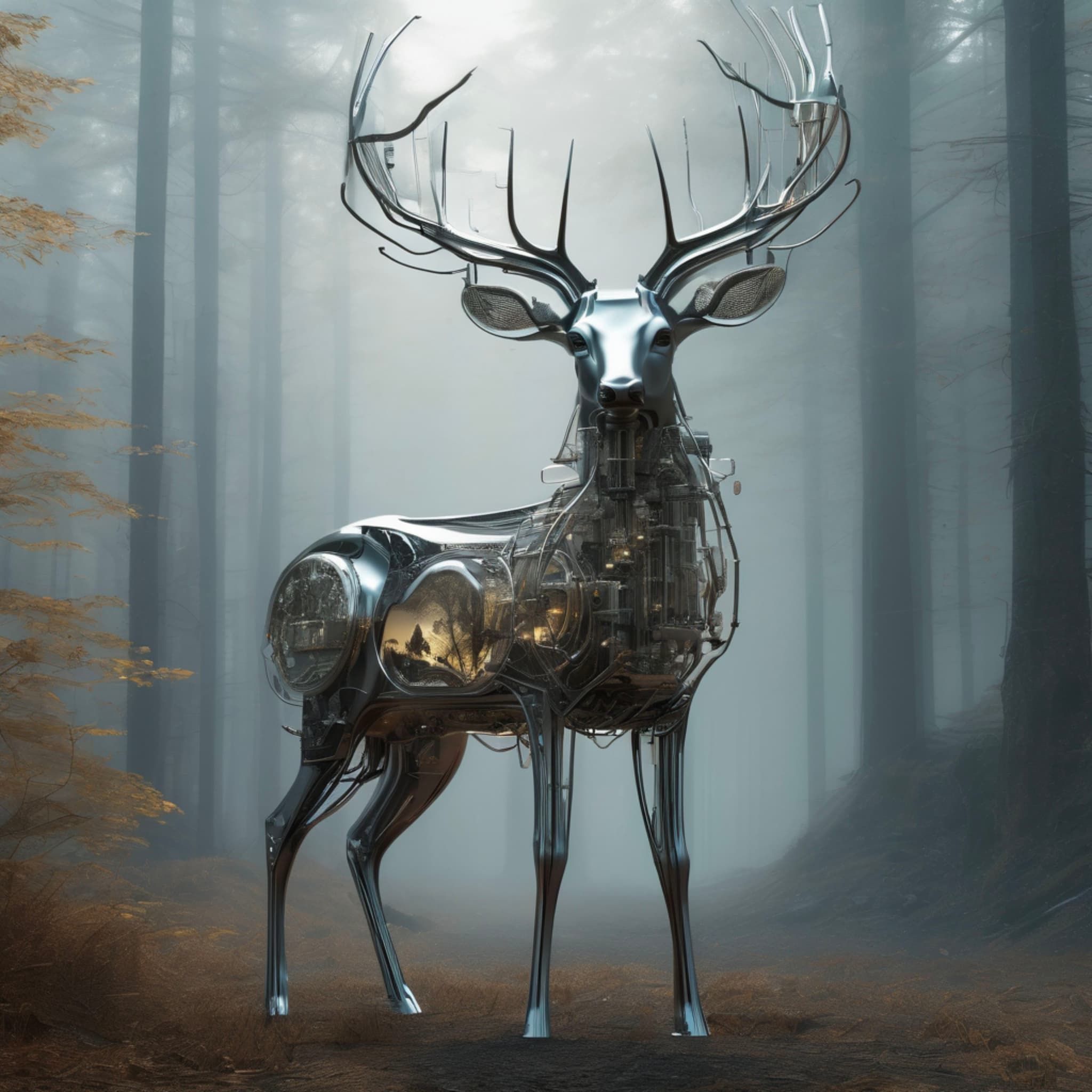 mechanical deer with transparent glass head and futuristic circuits, ears with flowing liquid metal, misty forest background, 80-degree view, art style inspired by H.R. Giger, Zdzisław Beksiński, Ralph Steadman, and Hieronymus Bosch.