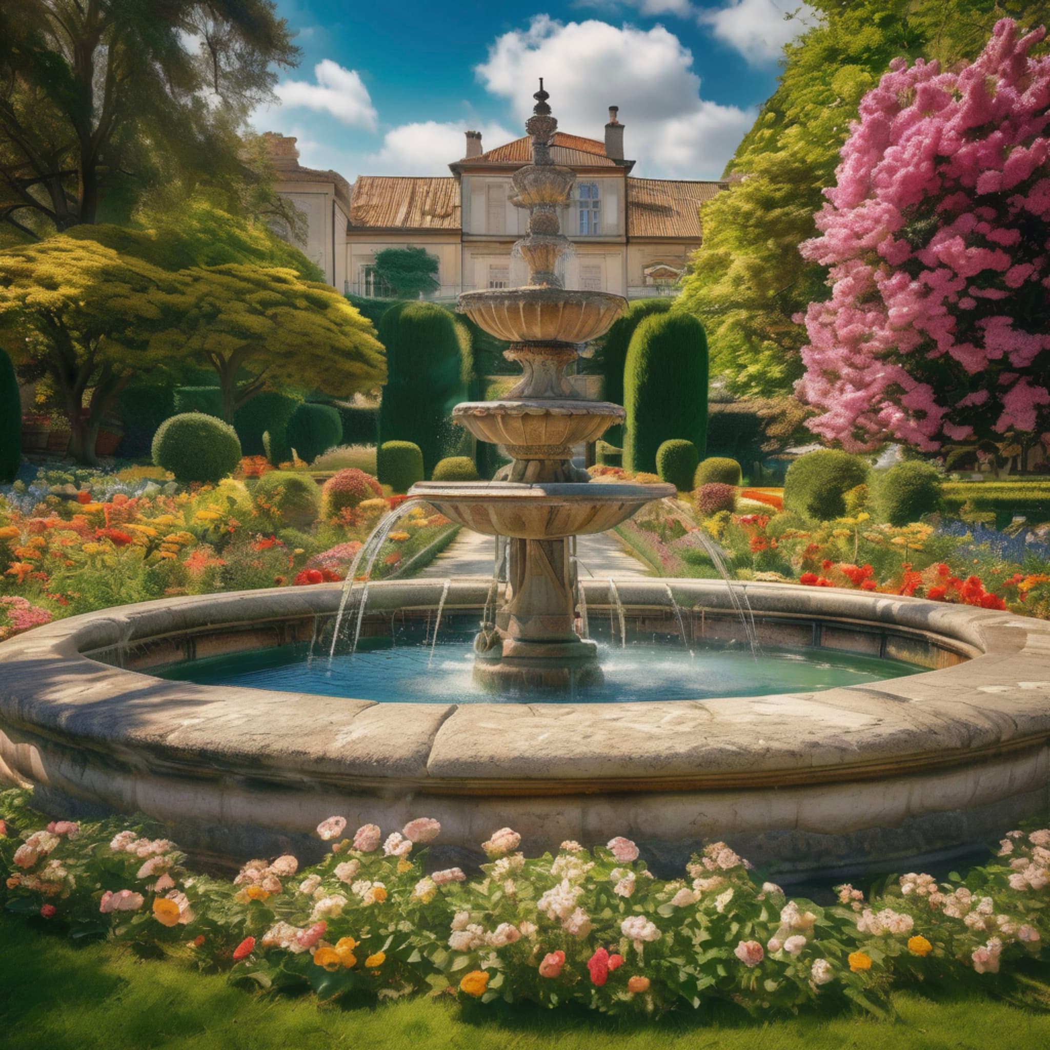 In an ancient garden, various flowers blooming in full color, classical stone fountain spraying clear water at the center, neatly trimmed flower beds lining the pathways, under a blue sky with fluffy clouds, warm sunlight casting on the petals, elegant vintage style, highly detailed