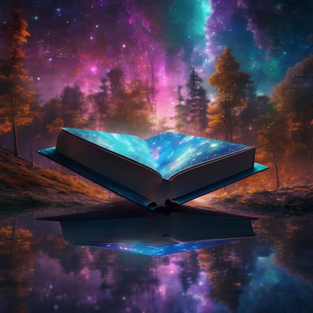 A massive ancient book embedded with planetary and nebula patterns floating in the center of the Milky Way, its pages unfolding into a swirling nebula, radiating light, surrounded by floating letters and symbols, highly sci-fi, cosmic mystery style