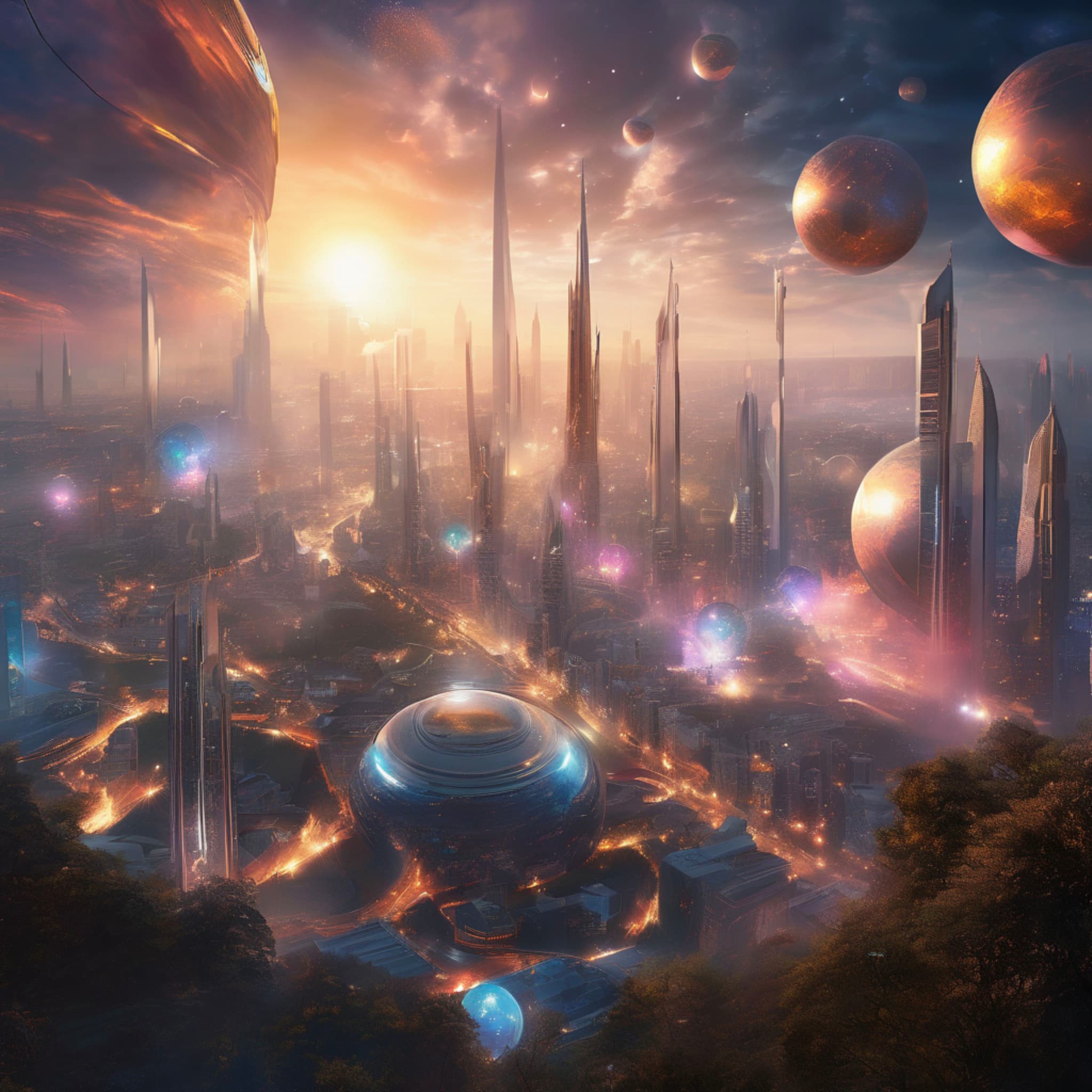 In the sky above a futuristic city, a grand light festival takes place, massive glowing orbs floating in the air, surrounded by sleek modern architecture and vibrant light effects, mysterious and enchanting atmosphere.