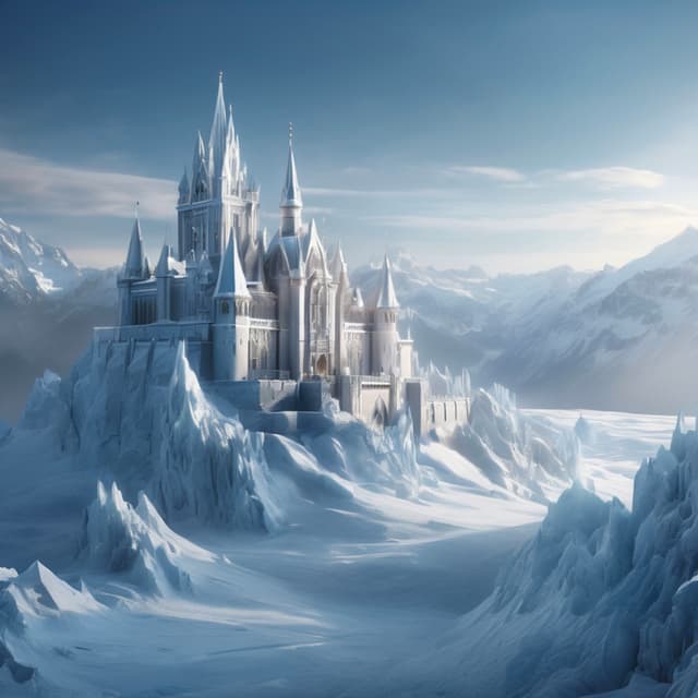 An ancient castle standing atop a glacier in a white frozen kingdom, snow covering the entire realm, the castle's spires gleaming with silver light, a blend of cold and magnificence, the atmosphere serene and sacred.